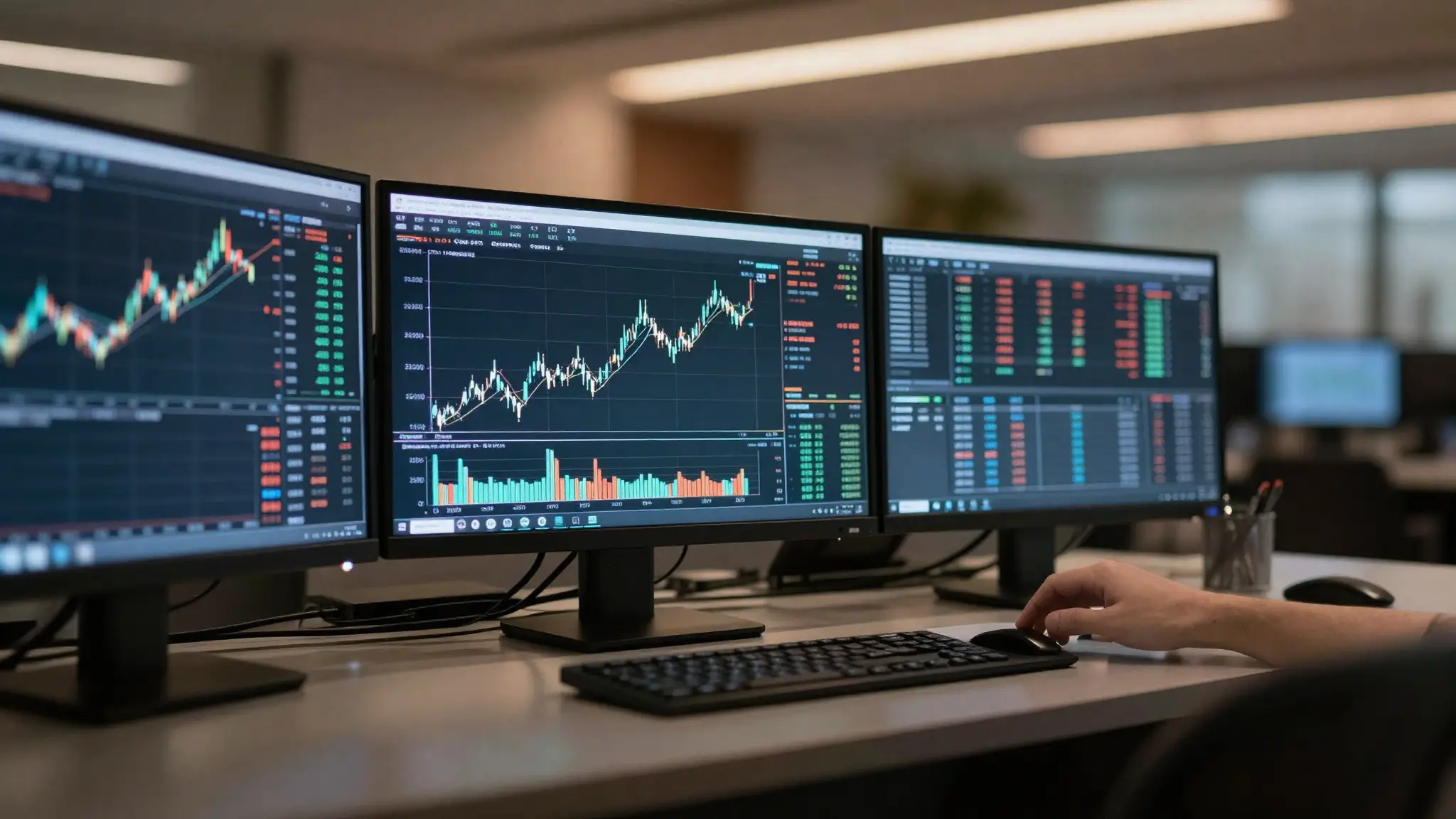 شاشات تداول تعرض رسوماً بيانية لأسعار الأسهم في سوق مالي حديث